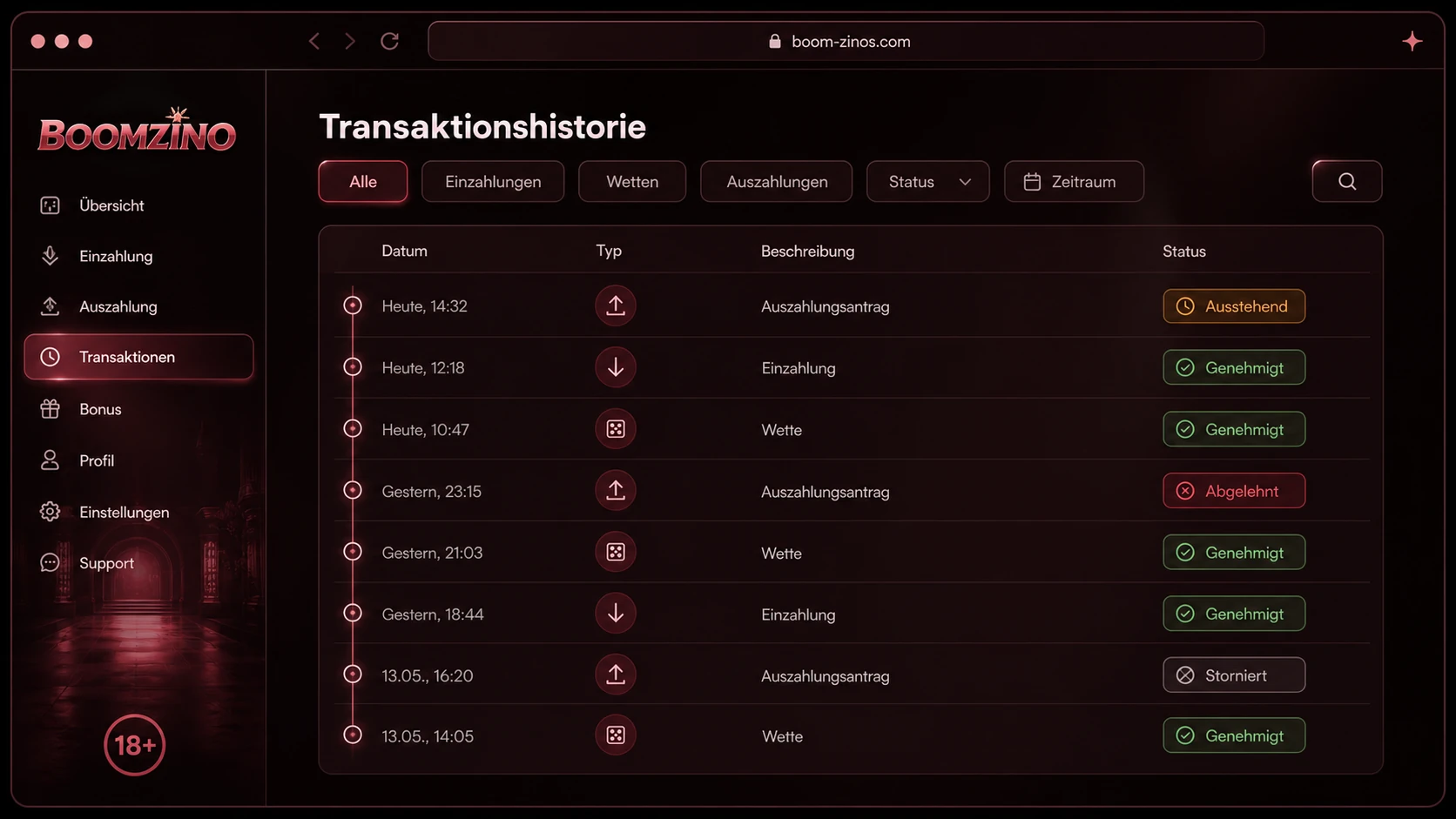 Transaction History und Status der Auszahlung
